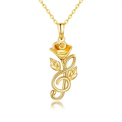 14K Gold Rose & Music Symbol Pendant Necklace