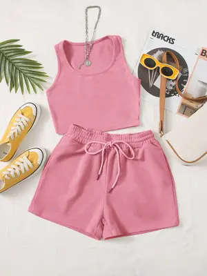 Women's Solid Scoop Neck Crop Tank Top & Drawstring Shorts Ribbed Set, Casual Sleeveless Top & Elastic Waist Bottoms Set for ...