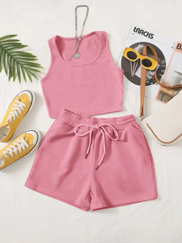 Women's Solid Scoop Neck Crop Tank Top & Drawstring Shorts Ribbed Set, Casual Sleeveless Top & Elastic Waist Bottoms Set for ...