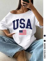 Women's USA Flag Print Asymmetrical Neck Tee, Casual Trendy T-shirt for Daily Wear, Ladies All Seasons Outfit, Top