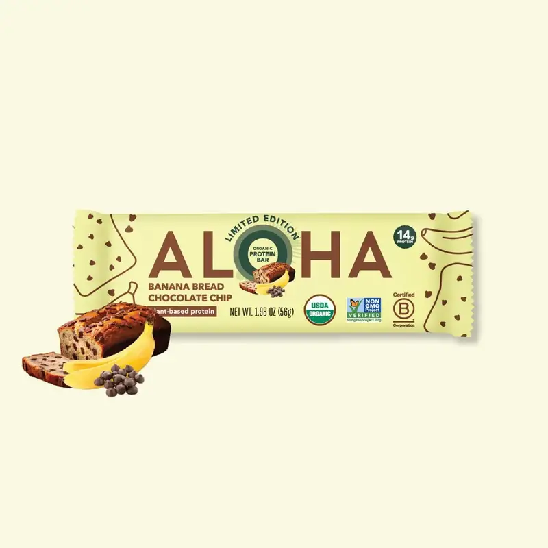 ALOHA Limited Edition Banana Bread Chocolate Chip Protein Bars - 12 Bars - Certified USDA Organic - 100% Plant-Based - 14g Of...