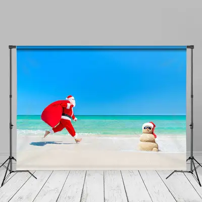 Santa Running On The Beach Christmas In July Backdrop - Aperturee