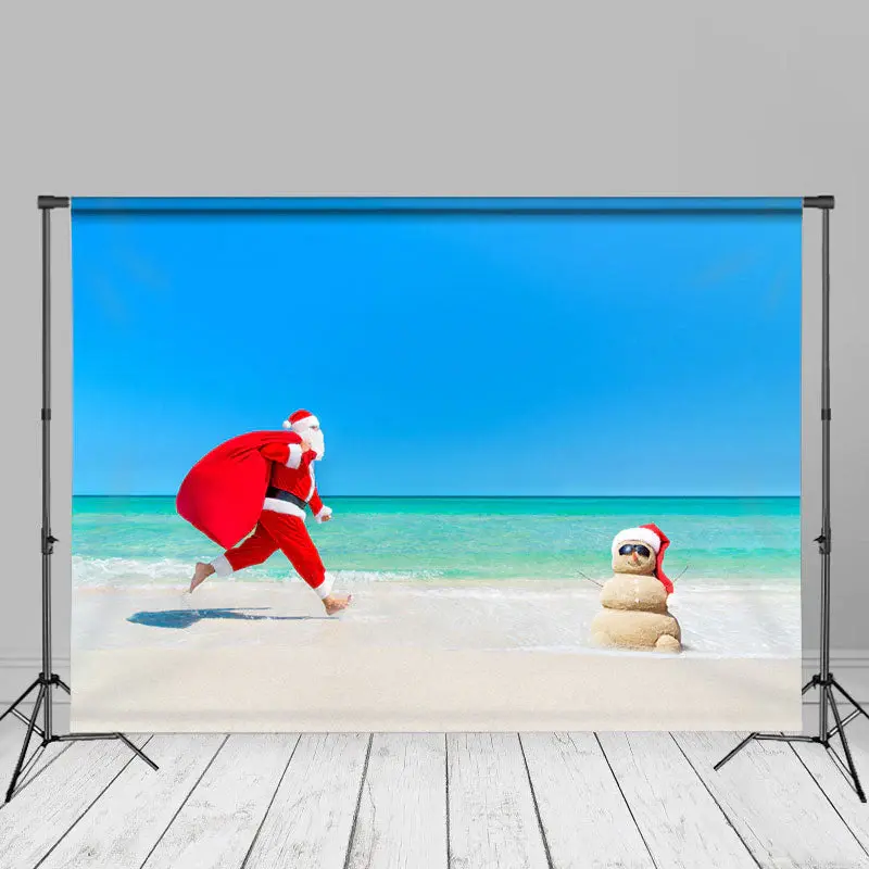 Santa Running On The Beach Christmas In July Backdrop - Aperturee
