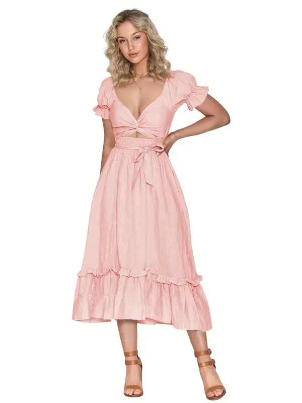 ZAFUL Solid Color Deep V Neck Dress, Casual Lace Up Waist Short Sleeve Slim Long Dress For Spring & Summer, Women's Clothing ...