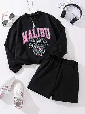Two-Piece Set Girl's Letter Print Sweatshirt & Shorts Set, Casual Drop Shoulder Long Sleeve Pullover & Shorts for Daily Wear,...