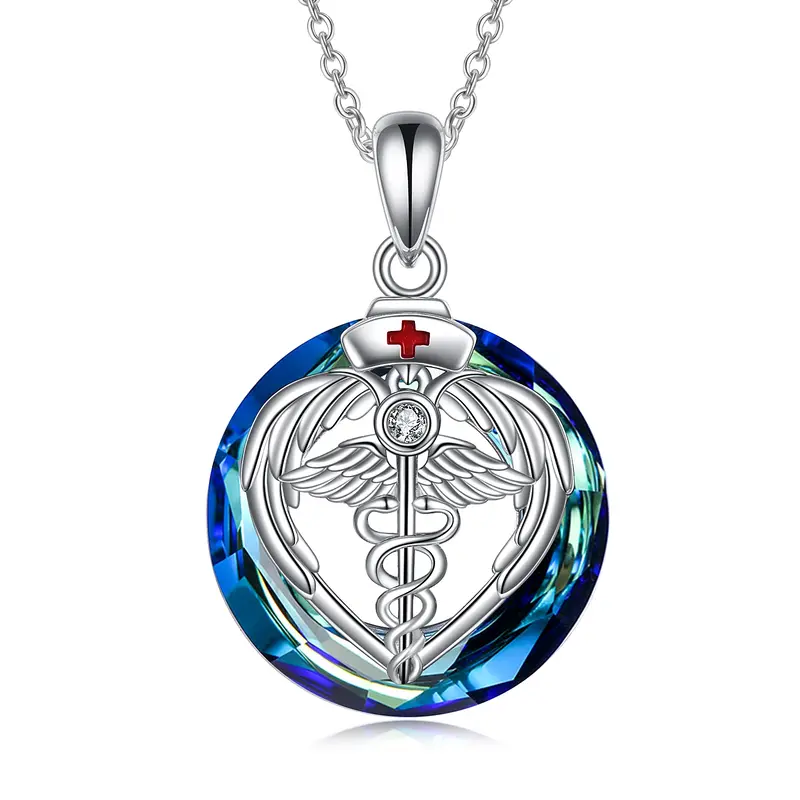 Sterling Silver Round Caduceus Crystal Pendant Necklace