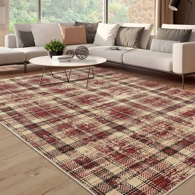 Garvee Plaid Red 9x12 Living Room Rug, Large Washable Rugs for Bedroom Modern Plaid Office Floor Carpet Distressed Rug Low Pi...