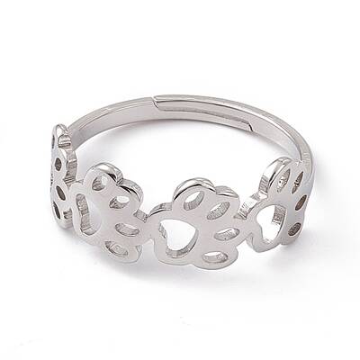 Non-Tarnish 201 Stainless Steel Hollow Out Dog Paw Prints Adjustable Ring for Women