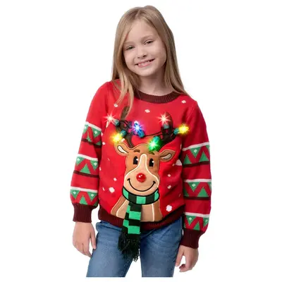 JOYIN Kid's Christmas Ugly Sweater LED Light Up Reindeer Xmas Sweater Built-in Light Bulbs for Boys Girls Christmas Gift