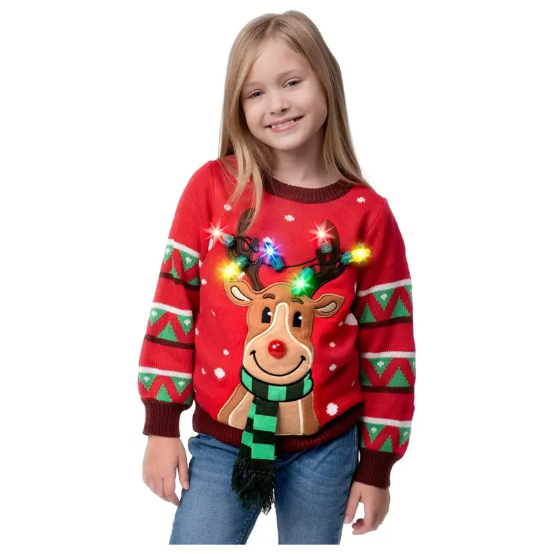 JOYIN Kid's Christmas Ugly Sweater LED Light Up Reindeer Xmas Sweater Built-in Light Bulbs for Boys Girls Christmas Gift