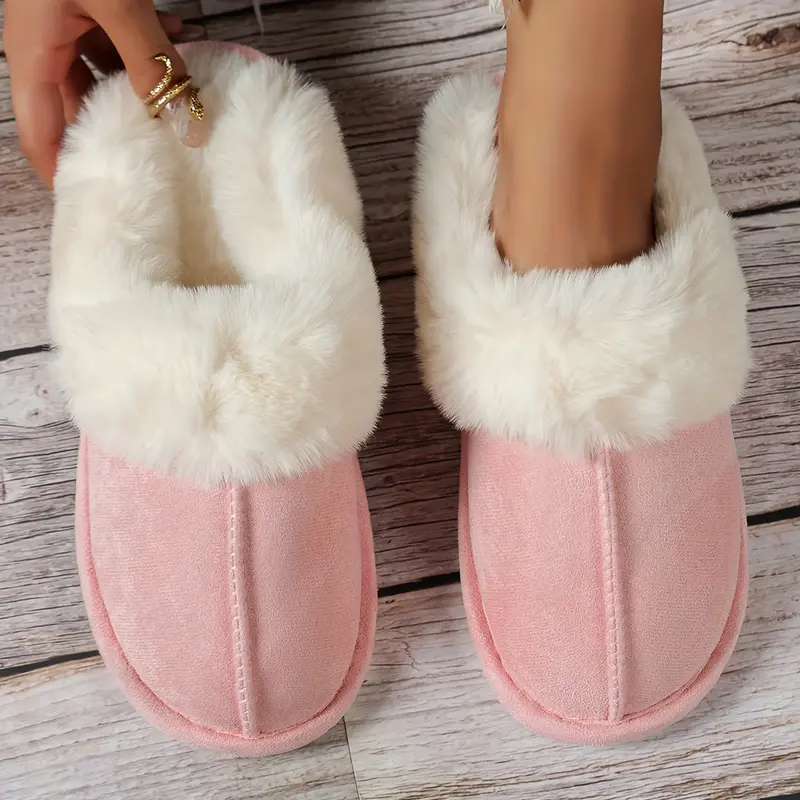 Warm Women's Plush Fleece-Lined Slip-On Moccasin with Fluffy Detail - Non-Slip Winter Home Slippers on Flat Platform Sole. So...