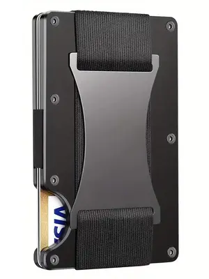 Men's Minimalist Compact Wallet, Rfid Blocking Front Pocket Credit Card Holder, Aluminum Metal Slim Wallet with Cash Strap