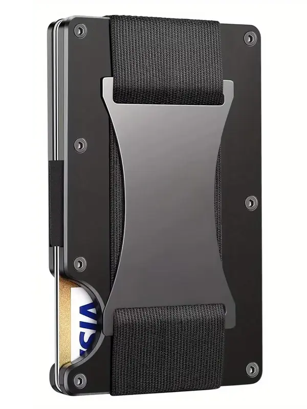 Men's Minimalist Compact Wallet, Rfid Blocking Front Pocket Credit Card Holder, Aluminum Metal Slim Wallet with Cash Strap