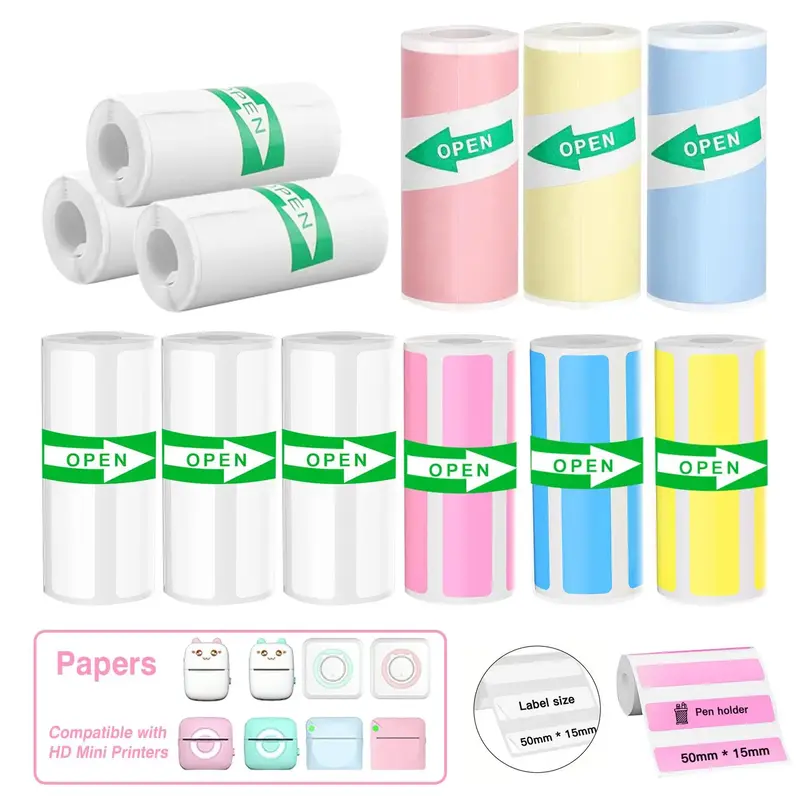 Portable Printer Sticker, 12 Rolls Label Paper, Mini Printer Sticker, Suitable for Photo, Label, Note, Sticker, DIY Printing