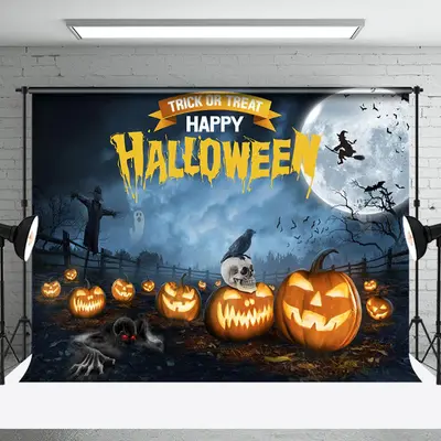 Pumpkin Farm Witch Moon Night Happy Halloween Backdrop