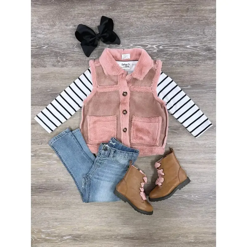 Striped Top & Pink Suede Fur Vest Girls or Toddler Long Sleeve Striped Top and Vest 2 Piece Set