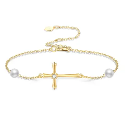 14K Gold Circular Shaped Moissanite Cross Charm Bracelet