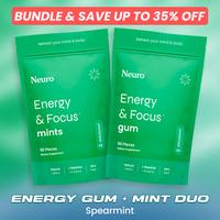 2x Neuro Energy Caffeine Gum & Mints - Sugar Free Nootropics for Energy & Focus with L-Theanine, Caffeine, Vitamin B12 & B6