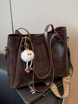 Women's Fashionable Solid Color Tote Bag with Pom Pom Charm, Large Capacity Shoulder Bag for Daily Used, Casual Trendy Versat...