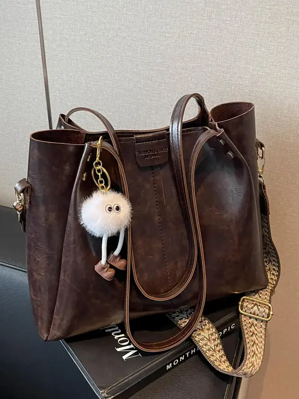 Women's Fashionable Solid Color Tote Bag with Pom Pom Charm, Large Capacity Shoulder Bag for Daily Used, Casual Trendy Versat...