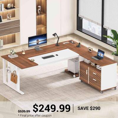 SEDETA ® 71 Inch L Shaped Computer Desk with Rolling File Cabinet Office Executive Desk with Storage Drawers Power Outlets P...
