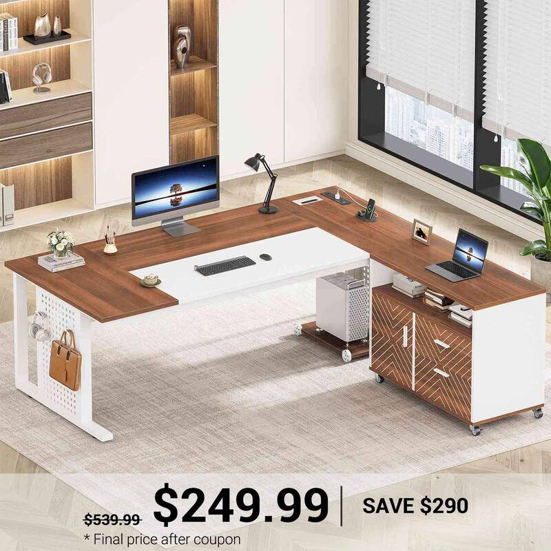 SEDETA ® 71 Inch L Shaped Computer Desk with Rolling File Cabinet Office Executive Desk with Storage Drawers Power Outlets P...