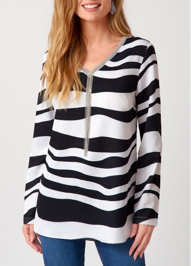 Modlily Striped Tassel V Neck Long Sleeve Blouse - M