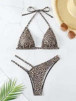 Two-Piece Set Women's Leopard Print Cut Out Tie Back Bikini for Summer, Halter Triangle Swim Top & High Cut Swim Bottom, Bat...