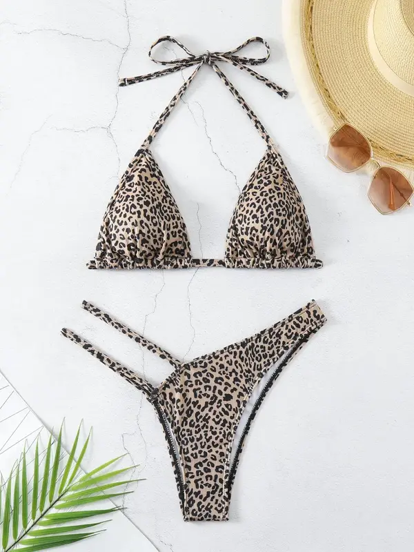 Two-Piece Set Women's Leopard Print Cut Out Tie Back Bikini for Summer, Halter Triangle Swim Top & High Cut Swim Bottom, Bat...