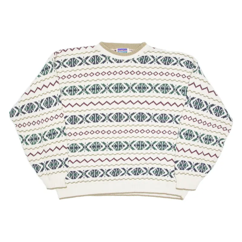 NORTHCREST Mens Patterned Jumper Cream Geometric 90s Tight Knit 2XL