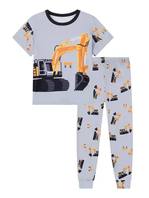 Boy's Excavator Print Tee & Pants Pajama Two-Piece Set, Casual Comfy Round Neck Short Sleeve T-Shirt & Trousers, Summer Sleep...