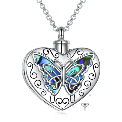 Sterling Silver Abalone Shellfish Butterfly & Heart Urn Necklace for Ashes with Engraved Word