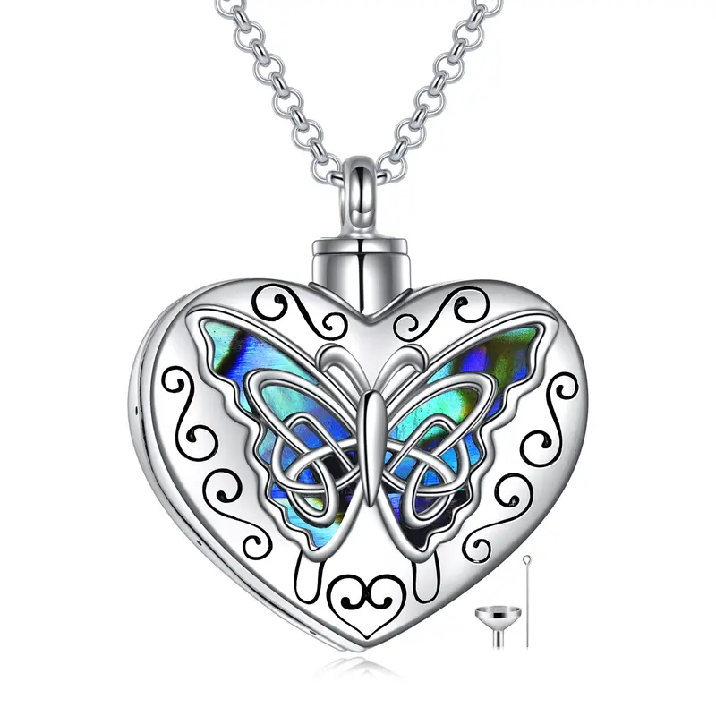 Sterling Silver Abalone Shellfish Butterfly & Heart Urn Necklace for Ashes with Engraved Word