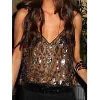 Sexy Sequin Camisole Women Backless Vest Loose V-neck See Through Top Fashion 2025 Summer Seaside Festival Party  Female Tops