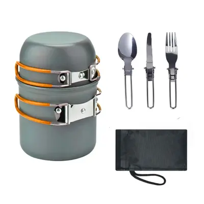 Outdoor Camping Pot Set, 1 Set Including 1 Folding Pan with Lid, 1 Fork, 1 Spoon, 1 Knife, 1 Storage Bag, Kitchen Accessories...