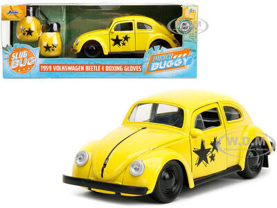 1959 Volkswagen Beetle Yellow with Black Graphics and Boxing Gloves Accessory \