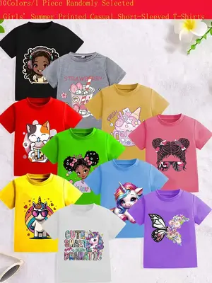 Random Style Girls' Long Sleeve T-Shirt, Cute Unicorn & Butterfly Print, Comfortable Casual Summer Top, Perfect Gift for Kids