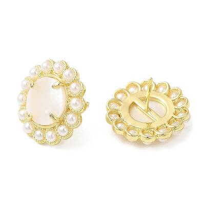 Ion Plating(IP) Natural Shell Flower Stud Earrings with Plastic Pearl Beaded