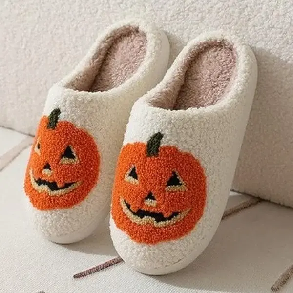 Slippers for Women Men Comfy Faux Fur Lined Skull Pumpkin Plush Slippers Antislip Soft Sole House Shoes Plush Bedroom Shoes F...