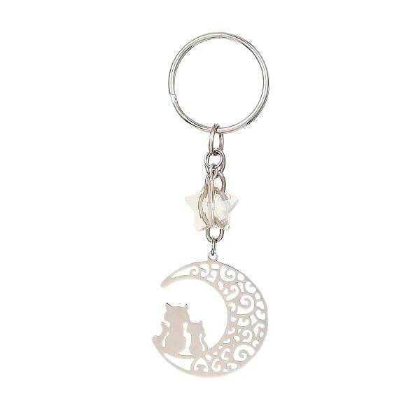 Stainless Steel Hollow Moon Cat Keychains