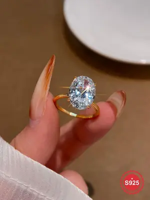 S925 Sterling Silver Oval Shaped Artificial Zircon Ring, Fashion Engagement Ring for Women, Trendy All-match & Exquisite Jewe...
