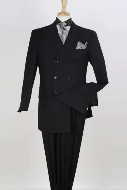 Men's Double Breasted Wool Suit - Solid Black, Three Quarter Length