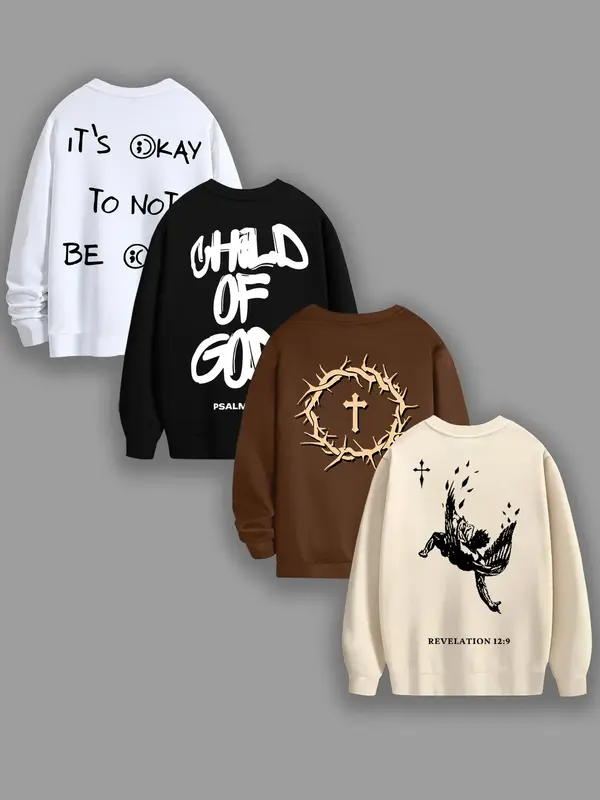 Men's Letter & Graphic Print Drop Shoulder Sweatshirt, Casual Soft Comfy Long Sleeve Round Neck Pullover for Fall & Winter, M...