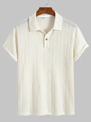 Men's Regular Fit Plain Textured Polo Shirt, Casual Breathable Short Sleeve Button Front Top for Summer, Menswear for Daily S...