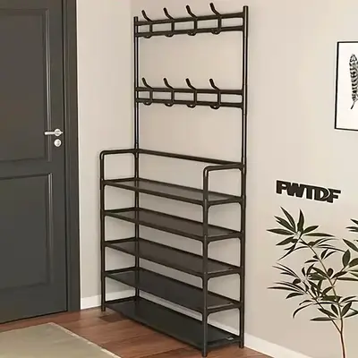 Multi-Tier Shoe & Coat Rack - Space-Saving, Sturdy Metal Design, Detachable Hooks, Easy Assembly for Home & Apartment metal r...