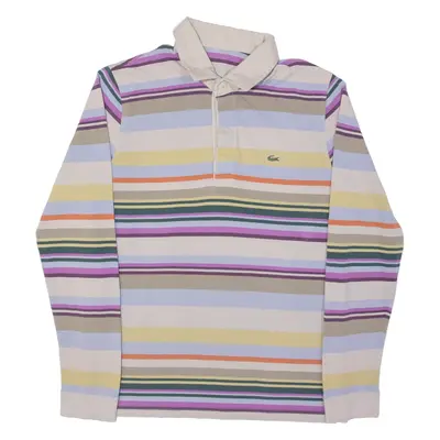 LACOSTE Mens Polo Shirt Beige Striped Long Sleeve M