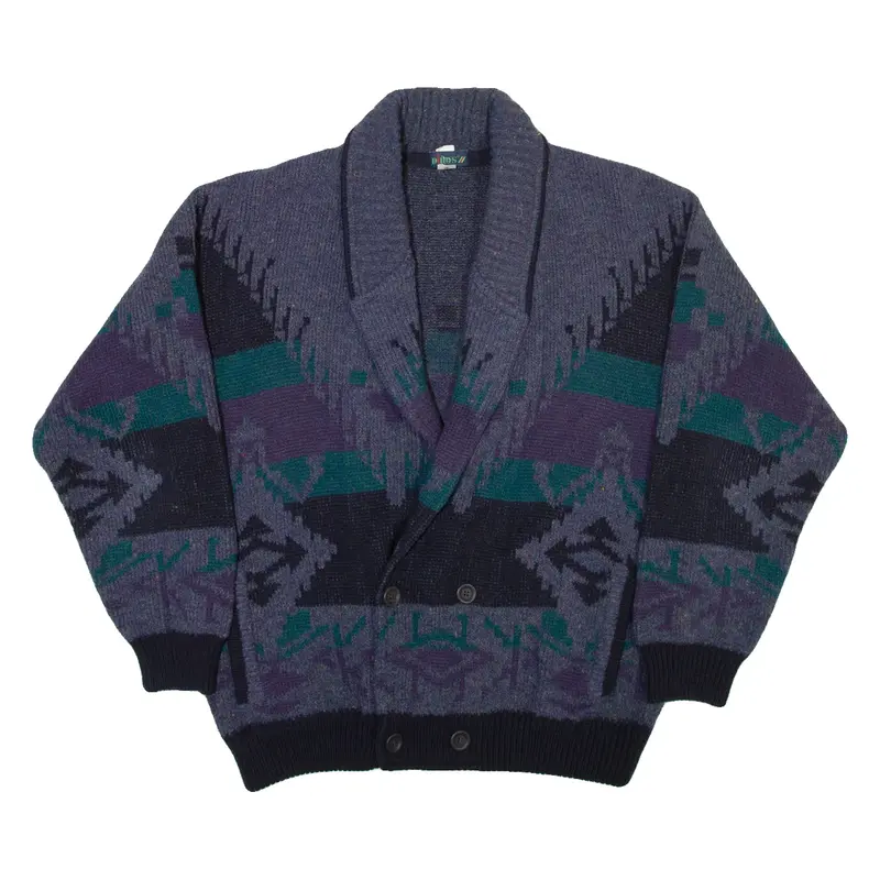 DIRO'S Mens Cardigan Grey Geometric Collared Chunky Knit L