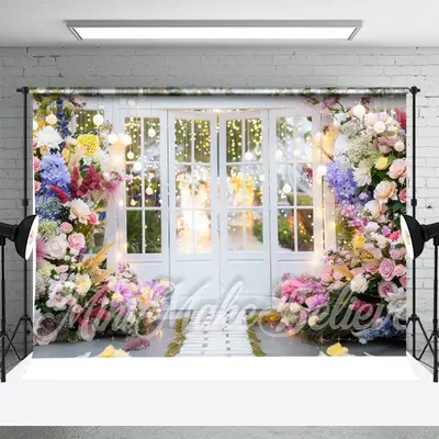 Colorful Floral White Door Spring Photo Backdrop - Aperturee