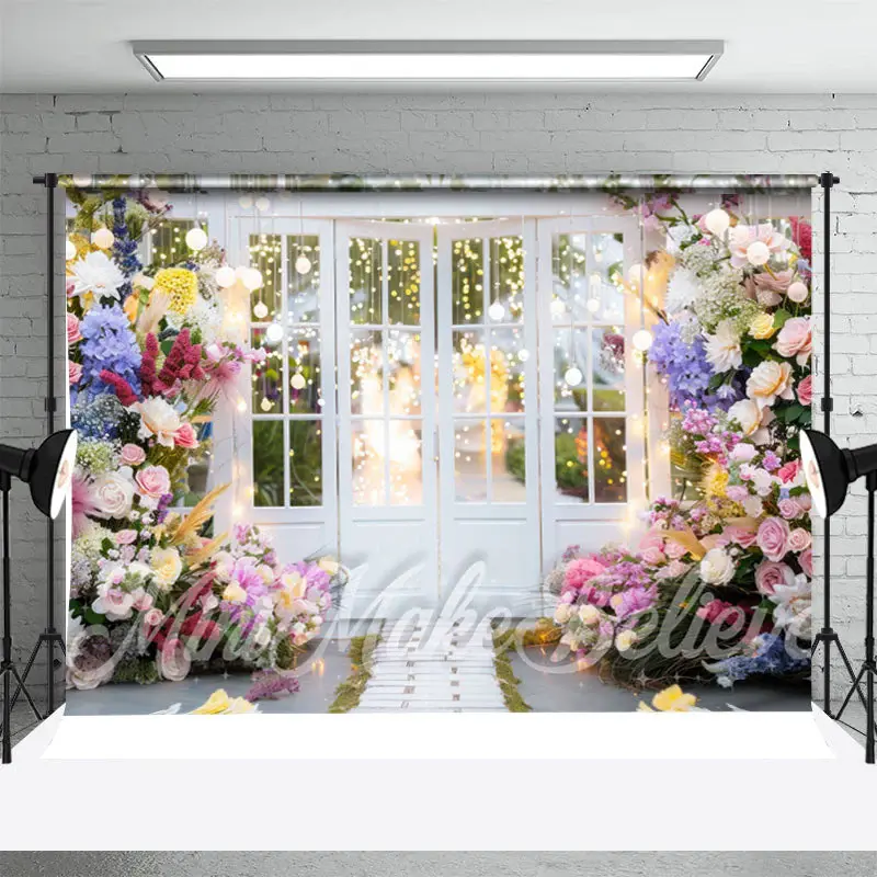 Colorful Floral White Door Spring Photo Backdrop - Aperturee