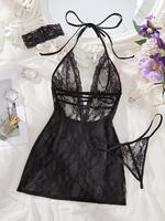 Women's Floral Lace Cut Out Halter Nightdress & Thong & Neck Decoration, Sexy Sheer Sleeveless Nightgown & Panty & Neck Decor...